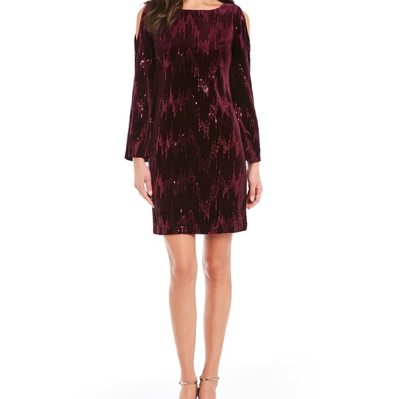 NWT Velvet Sequin Cold Shoulder Cocktail Dress - Picture 4 of 8